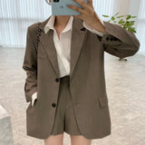 Korea Spring French Elegant Lapel Two Button Loose Suit Jacket + High Waist Wide Leg Trousers Shorts