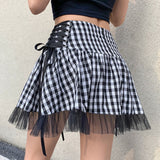 Getadme-Y2K Aesthetic Mesh Patcgwork Tutu Ball Gown Skirt Women Harajuku Gothic Dark Lace Up Plaid Skirt Bandage High Waist Mini Skirts