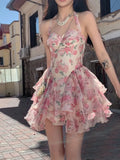 Getadme- Summer Women Sleeveless Sweet Pink Print Beach Dress Female Slim Holiday  Halter Mini Dress Tierred Birthday Party Dress