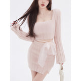 Getadme-Autumn Sweater Knitted Suits Female Elegant 2 Piece Dress Korean Fashion Even Party Y2k Mini Dress Office Lady Short Skirts