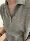 Getadme-French vintage POLO neck cashmere sweater women's autumn and winter loose all-match gray sweater casual fleece