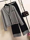 Getadme-Autumn Knit 2 Piece Set Women Houndstooth Cardigan Sweater + Wide-Leg Pants Two Piece Outfits Women Crop Top Trousers Suits