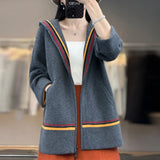 Getadme-100% Merino Wool Cardigan Women's Hooded Collar Cashmere Coat Casual Knitted Thickened Jacket Fashion Korean Autumn/Winter Top