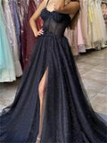 Getadme SuleaDress Black Glitter A Line Tulle Prom Spaghetti Straps Sweetheart Bones Side Slit Long Evening Gown