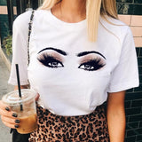 T Shirt Ladies Korean Fashion Summer Short Sleeve Cartoon Casual Female Clothes O-neck Tshirts Tops Eyelash Vintage Clothes