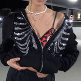 Getadme Y2K Rhinestone Skeleton Hoodies Women Gothic Black Zip Up Oversized Sweatshirts Female Retro Harajuku Hooded Jacket Streetwear