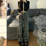 Getadme Camo Casual Jeans For Women's Work Wear Pants Military Green High Street Pant High Waist Straight Leg Pants