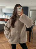 Loose Lamb Wool Coat For Women Fashion Long Sleeves Zipper Pocket Warm Jackets 2023 Winter Female Casual High Street Outwear