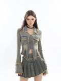 Getadme 2 Fall Women Korean Fashion Vintage Tide Denim Rave Outfits 2 Piece Set Long Sleeve Jean Jacket + Y2K Gyaru Mini Pleated Skirts