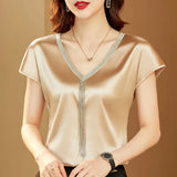 Shirts and  Blouses Fashion Woman 2023 Silk Tops Solid V-neck Satin Bat Sleeve for Women Elegant Office Lady Loose Casual 15494