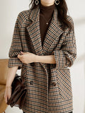 Getadme  New Vintage Houndstooth Women Woolen Blazer Double Breasted Plaid Female Suit Jacket Fashion Korean Outerwear Loose Blaser Coat