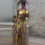 Getadme Elegant Tie-dye Print Dress Women  Fashion Oblique Shoulder Pleated Long Dresses Summer Autumn Lady Party Evening Vestidos