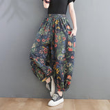 Spring New Arts Style Women Elastic Waist Ankle-length Loose Jeans Side Pocket Vintage Print Cotton Denim Harem Pants V918