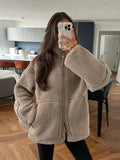 Solid Casual Loose Zippered Plush Jacket Women's Fashion Elegant Long Sleeve Overcoat 2023 Autumn/Winter Thick Warm Street Wear