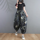 Spring New Arts Style Women Elastic Waist Ankle-length Loose Jeans Side Pocket Vintage Print Cotton Denim Harem Pants V918