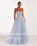 Getadme-Dubai Sky Blue Tulle Evening Dresses Strapless Sleeveless Pleat Ruched Saudi Arabic Women Formal Party Prom Gown