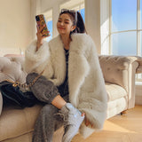 Women Faux Fur Jacket Faux-Fox Fur Coats Winter Suit Collar Warm Loose Pink Female Overcoat Clothes Korea  Women's Eco-coat