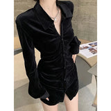 Vintage Shirts Women Black Velvet Pleated Blouses Korean Elegant Folds Turn Down Collar Long Sleeve Slim Chic Casual Tops