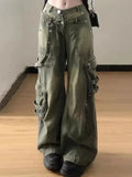 Getadme Loose Retro Washed Cargo Jeans Streetwear Women Zipper Baggy Pants Hiphop Straight Pants Multi-pocket Wide Leg Jeans Women