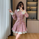 Getadme-Autumn Plaid Patchwork Women Dress Small Fragrance Tweed Single Breasted Sashes Pink Dresses Party Female Korean Vestidos