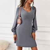 Fashion Knit Sweater Dress for Women Fall Dresses New Skinny Elastic High Waist V-Neck Solid Casual Warm Mini Dress