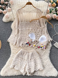 SINGREINY Hook Beach Style Three Piece Sets Women Hollow Out Cardigan Halter Camisole Wide Leg Shorts Vacation Knitted Suits