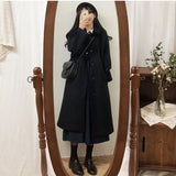 Getadme-Women‘s Coat Winter Korean Fashion Long Coated Thickened Woolen Winter Coat for Women Black Coat Harajuku