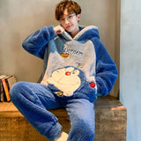 Getadme Youth Sleep Clothes Suit Coral Plush Nightwear Large Size Pajamas Men Autumn Winter Flannel Thick Younger Male Cute Homewear Set