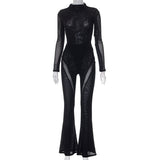 Women Sexy Long Sleeve Mesh See Through Black Tops Bodysuit Long Pants Two Piece Set Suit Outfit 2022 Fall Clothing