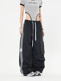 Getadme 2 Y2K Kpop Cargo Pant Women Drawstring Pockets Wide Leg Chic Punk Pants Baggy Striped Sports Sweatpants Parachute Jogger Trousers