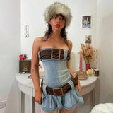 Getadme-Fairy Strapless Pleated Belt Denim Dress Retro Street Fashion Party Club Outfits Slim Short Dresses Y2K Clothes