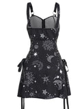 Getadme Sun Star Print Dress Half Zipper Lace Up High Waisted Strap A Line Mini Robe Fashion Casual Tank Playsuit For Women