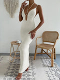 Women Sexy Halter Knitted Midi Dress Solid Color Tie-Up Backless Sleeveless Bodycon Long Knit Dress for Party Beachwear