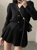 Getadme-Casual Knitted 2 Piece Set Single Breasted V-neck Top + High Waist Mini Pleated Skirt Autumn Spring Korean Fashion Solid Outfits