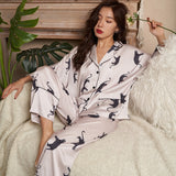 Luxury Ladies Homewear Silk Print Long Sleeve Ladies Pajama Set 2 Pieces With Pant Summer Spring Satin Pyjama For Female 2023