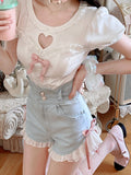 Getadme Japanese White Kawaii Lolita Blouse Women Bubble Sleeve Sweet Cute Blouse Female Slim Bow Korean Style Blouse Summer New