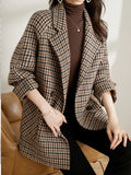 Getadme  New Vintage Houndstooth Women Woolen Blazer Double Breasted Plaid Female Suit Jacket Fashion Korean Outerwear Loose Blaser Coat