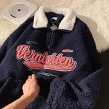 Getadme Vintage Lamb Wool Sweatshirt Women Embroidery Letter Hoodies Winter Warm Fleece Coat Women Fashion Oversized Baseball Streetwear