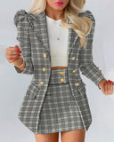 Autumn Women's Skirt Suits Fashion Plaid Print Puff Sleeve Buttoned Blazer Coat and Short Skirt Office Lady Set