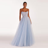 Getadme-Dubai Sky Blue Tulle Evening Dresses Strapless Sleeveless Pleat Ruched Saudi Arabic Women Formal Party Prom Gown