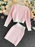 Korean Sweet Knit Plaid Cardigans + Camisole + Skirts 3pcs Sets Girls Short Sweater Coat + Vest + Mini Skirt Suits Women Outfits