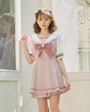 Rojita Japanese Sailor Collar Long Sleeve Dress for Women Spring Summer Sweet Lolita Bow Dress Shorts Suit Women's Two-Piece Set