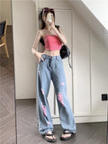 Getadme Hot Girl Torn Jeans Women's Summer High Waisted Pink Ripped Loose Draped Demin Wide Leg Pants Fashion Casual Female Clothes