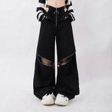 Getadme-American Individualized Spicy Girl Hollow Out Workwear Pants for Women Fashion Zipper Two Wear Design Casual Versatile Trousers