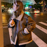 Getadme Women Faux Leather Fur Coats Sheep Leather Shearling Thicken Jacket Lady Fashion Long Sleeve Zipped Outerwear Winter Warm Coat