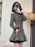 Getadme-Fall Winter French Vintage Small Fragrance Dresses For Women Houndstooth Single Breasted Slim Waist Elegant Mini Pleated Dress