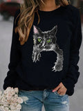 Getadme-Autumn and Winter New Solid Color Women's Fashion 3D Cat Print Round Neck Top Hoodie Long Sleeve Fashion Versatile Casual Hoodie