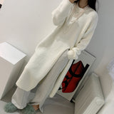 Getadme Retro Split Woolen Dress Women Sexy Autumn White Solid O-neck Soft Long Knitted Dresses Women Clothing Winter Knitwear Chic