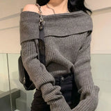 Getadme High Street Sexy Off Shoulder Gray  Sweaters  Autumn New Thicked Warm Tops Women Y2k Grunge Long Sleeve Knitted Pullover