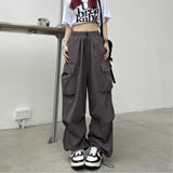 Getadme Women Y2K Cargo Pants Solid Low Waist Sweatpants Drawstring Wide Leg Baggy Trousers 2023 Summer Streetwear Punk Casual Tech Pant